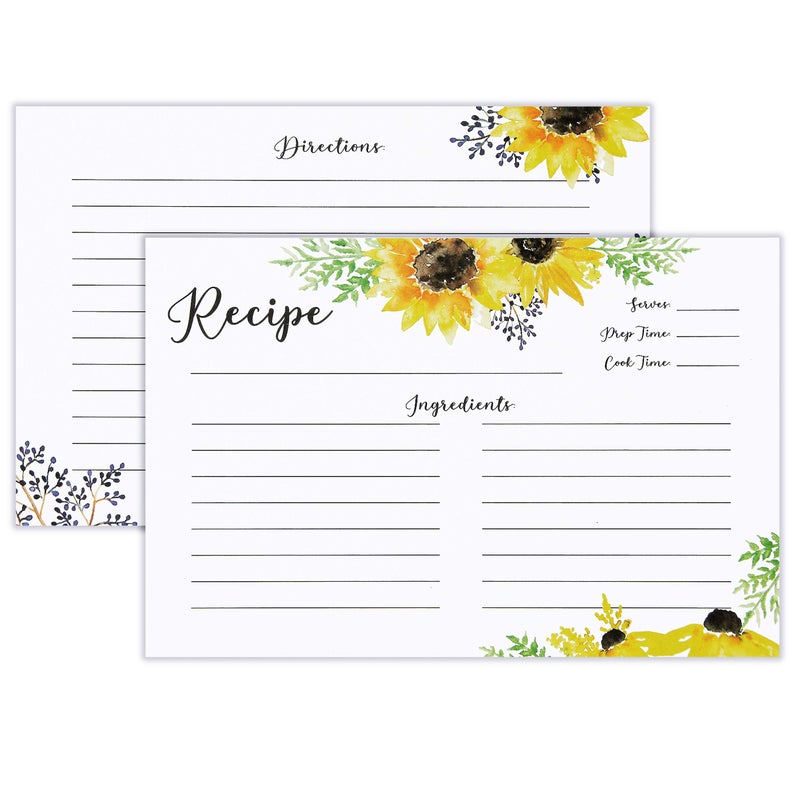 Outshine Premium Recipe Cards 4x6 Inches, Sunflower Design (Set of 50) | No-Smear Double Sided Thick Cardstock | Bulk Blank Recipe Cards for Recipe Box 4x6 Recipe Holders - Image 1
